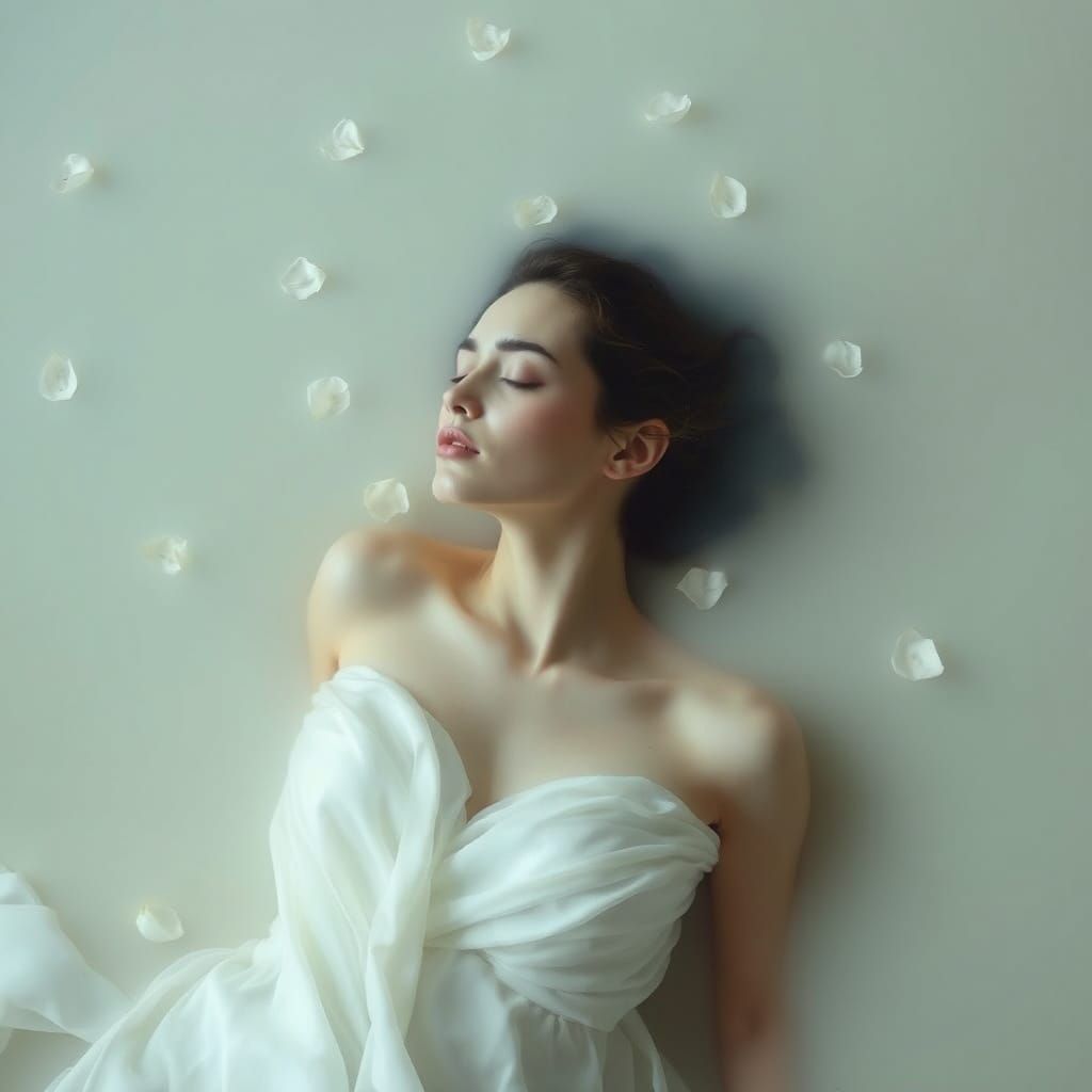 Serene Face in Milky Water with Flower Petals