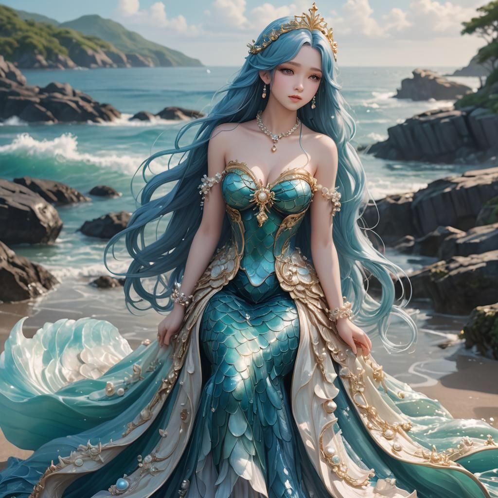 Anime Mermaid Princess in Seaside Kingdom, 3D Render