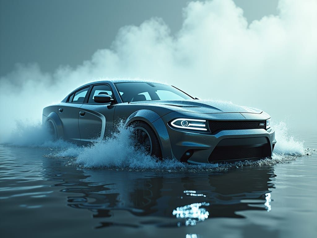 Futuristic Dodge Charger Washed Up on Misty Beach