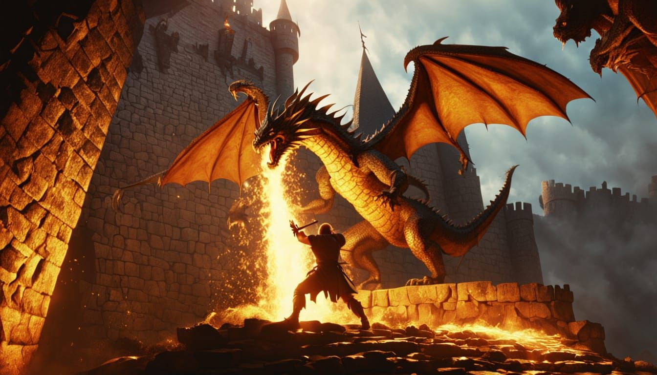 Warrior and Dragon Battle in Fantasy Art Style