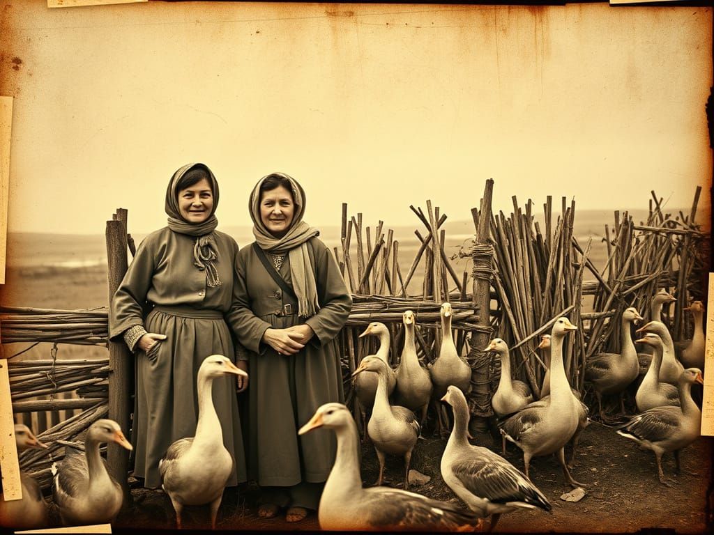 Rural Women with Geese in Vintage Sepia Photo Style