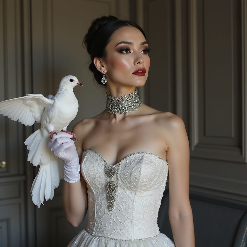 Glamorous Woman Holds Elegant White Dove in Luxurious Interi...
