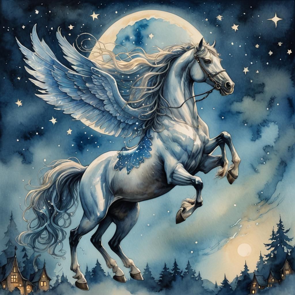 Blue Moonlit Flight of a Winged Horse