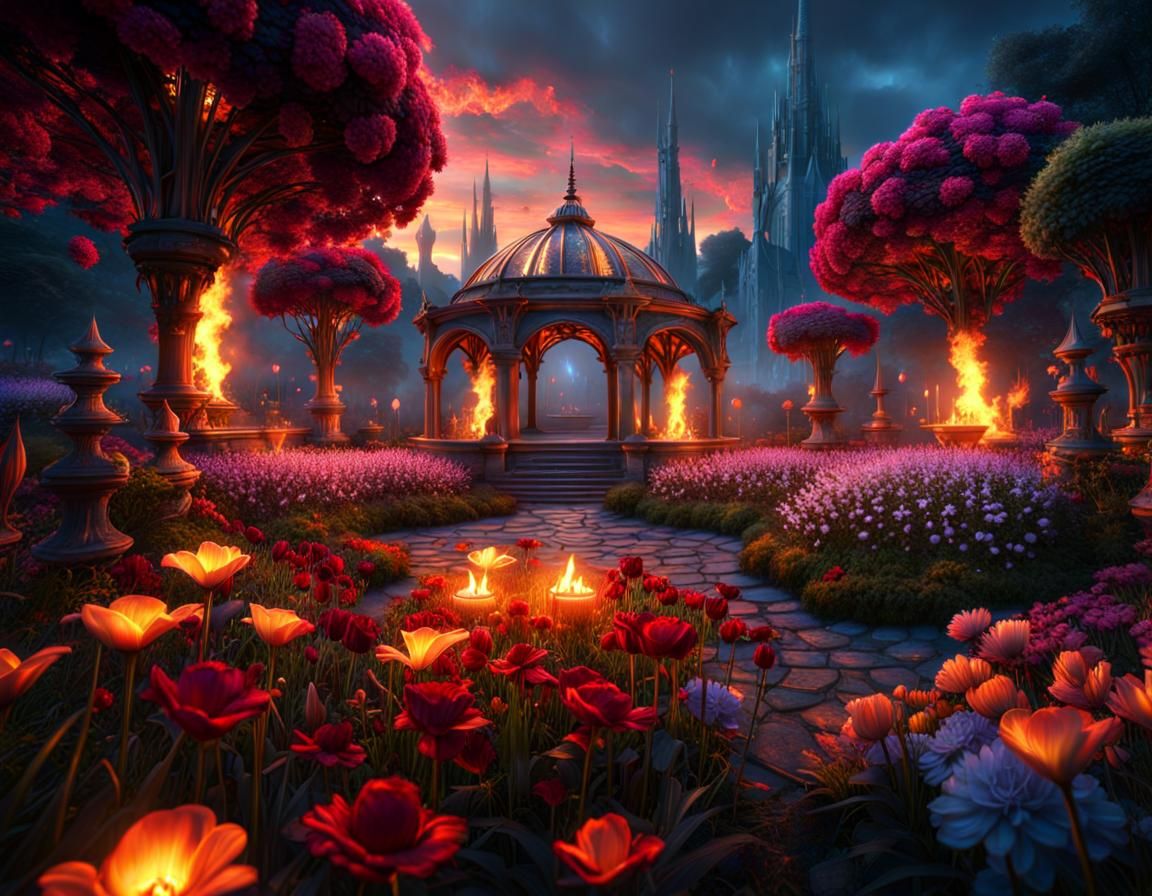 Fiery Flowers in a Fantasy Garden