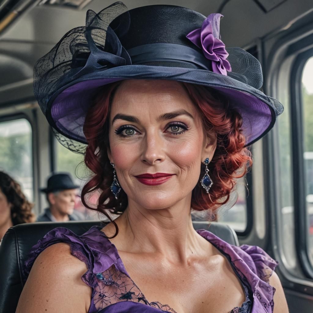 Woman with Veil and Top Hat on Bus