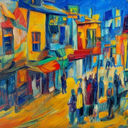 Expressionist Torah Jumper in Vibrant Cityscape