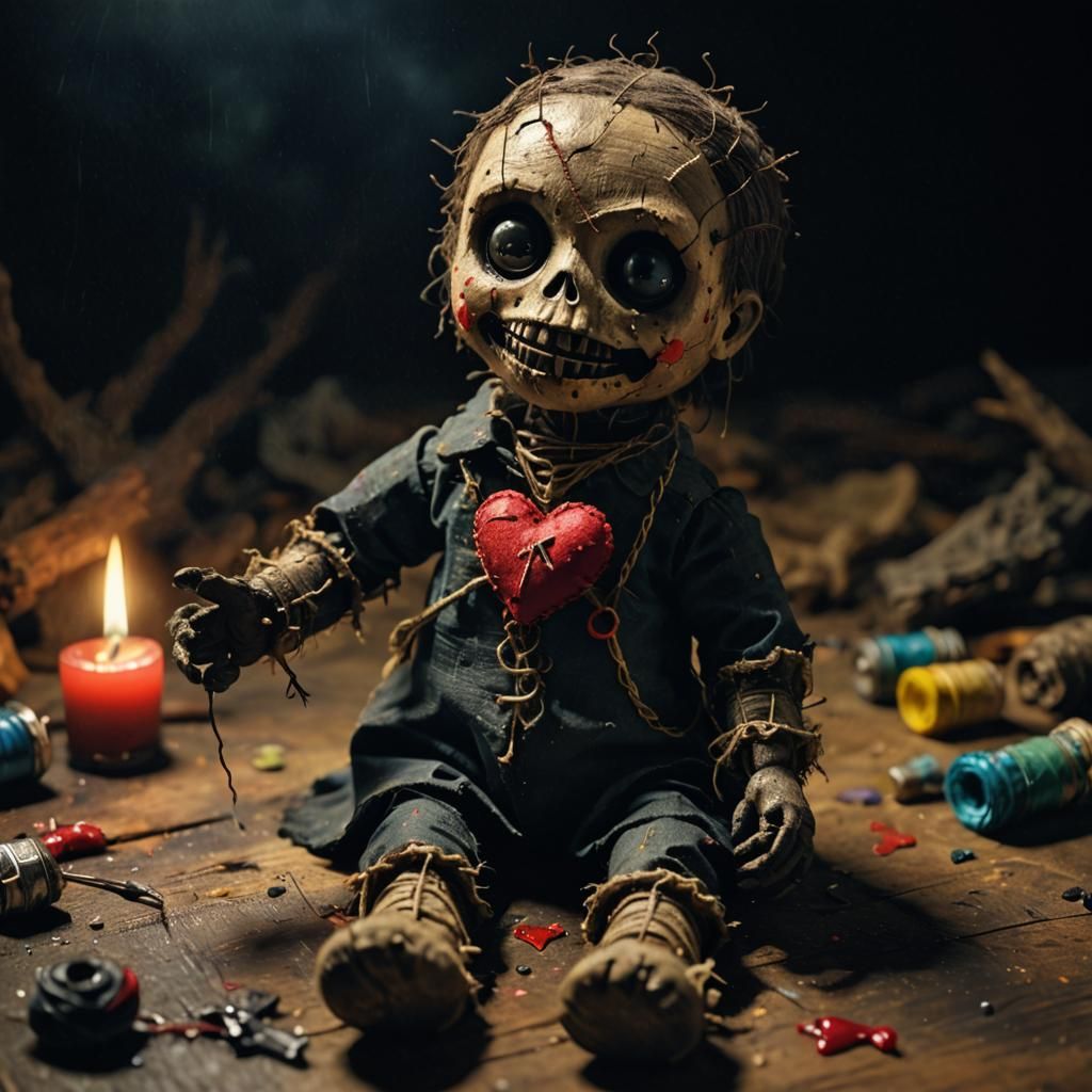 A voodoo doll with a tiny heart sewn into its chest, rendere...