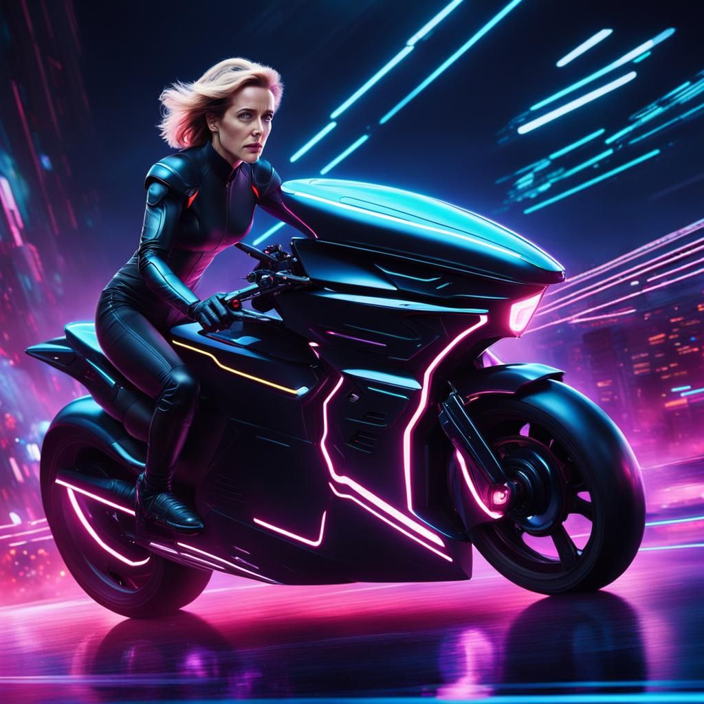 Woman on Light Cycle in Fluorescent Catsuit