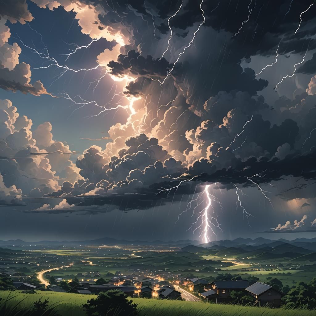 Anime Thunderstorm with Lightning and Rain