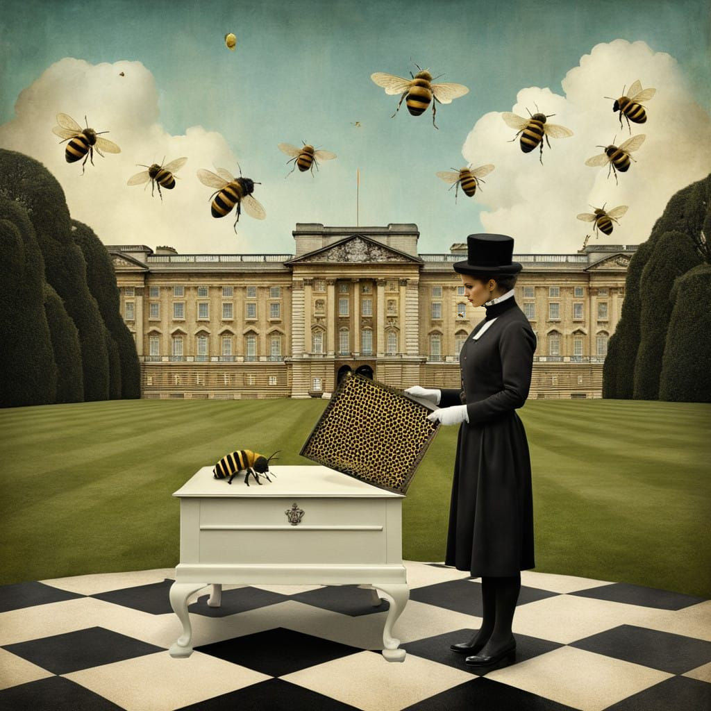 A Dreamlike Scene of a Bee Keeper in Buckingham Palace