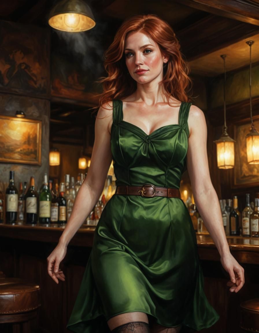 Auburn Woman in Silk Dress: Chiaroscuro Oil Painting