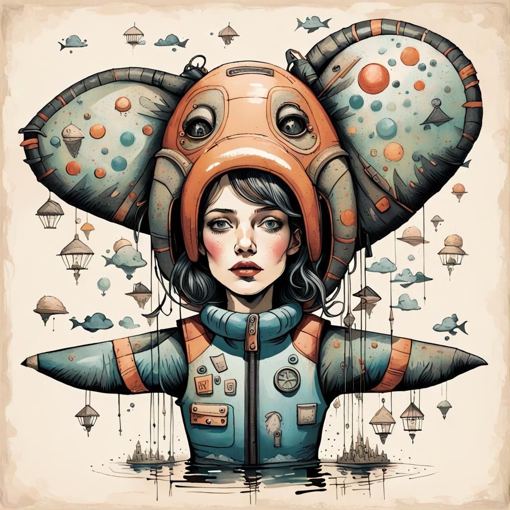 Elephant Jumps House: Ink Illustration in Art Brut Style