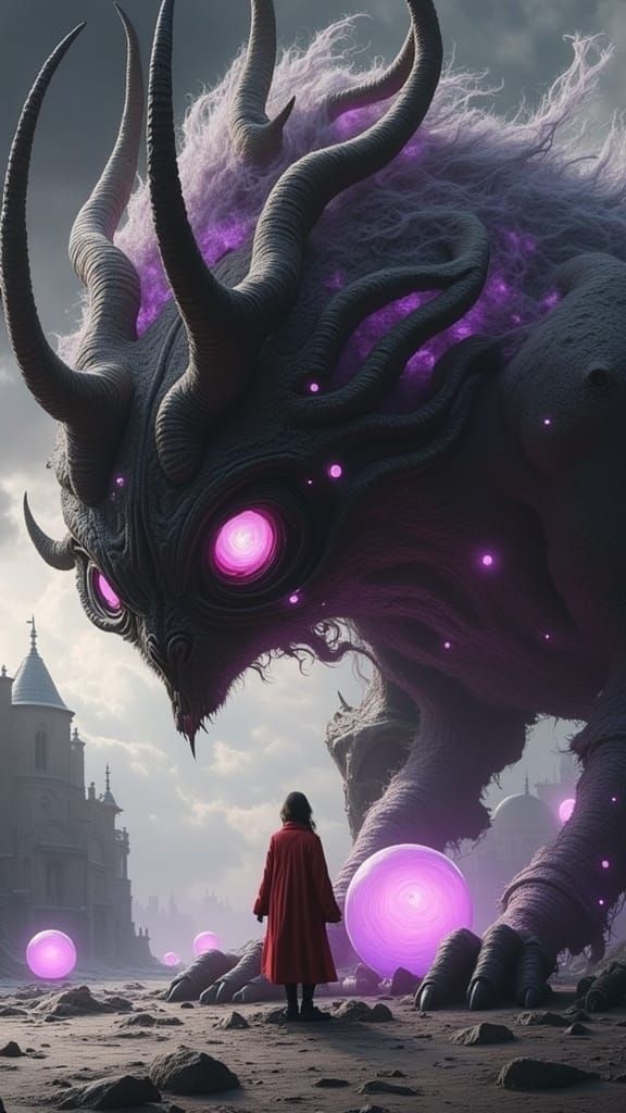 <lora:Epic Gothica:1.0> Professional photography, "giant soul collecting demon", swirling eyes, dubbed ram horns, mixed ...