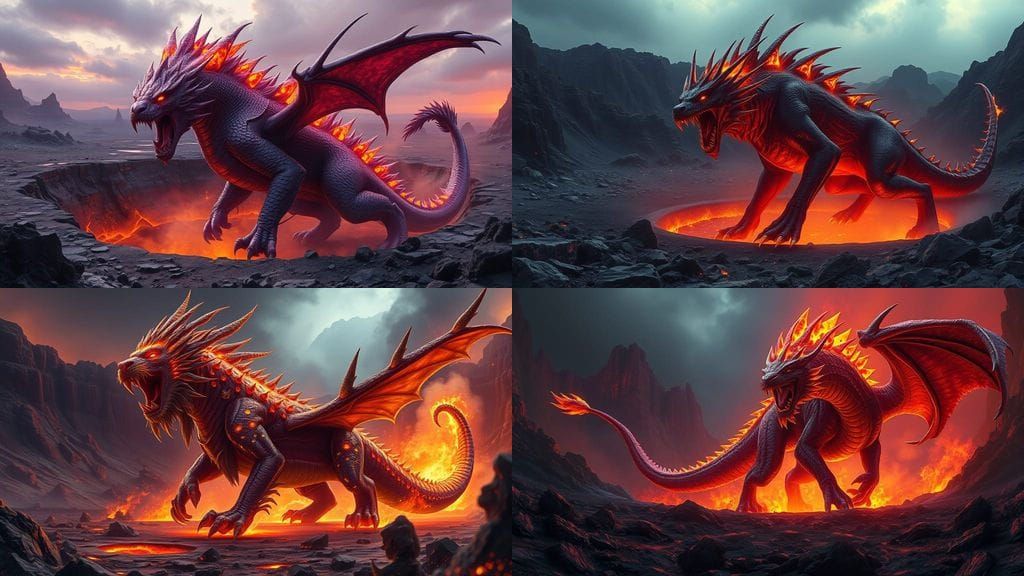 Lion-Dragon Hybrid Emerges from Volcano, Dark Fantasy Art