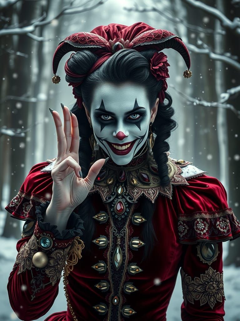 Sinister Harlequin in Victorian Attire in Hyperrealistic Sty...
