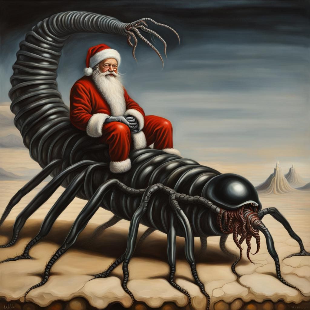 Surreal Santa Claus on Centipede: Alla Prima Oil Painting