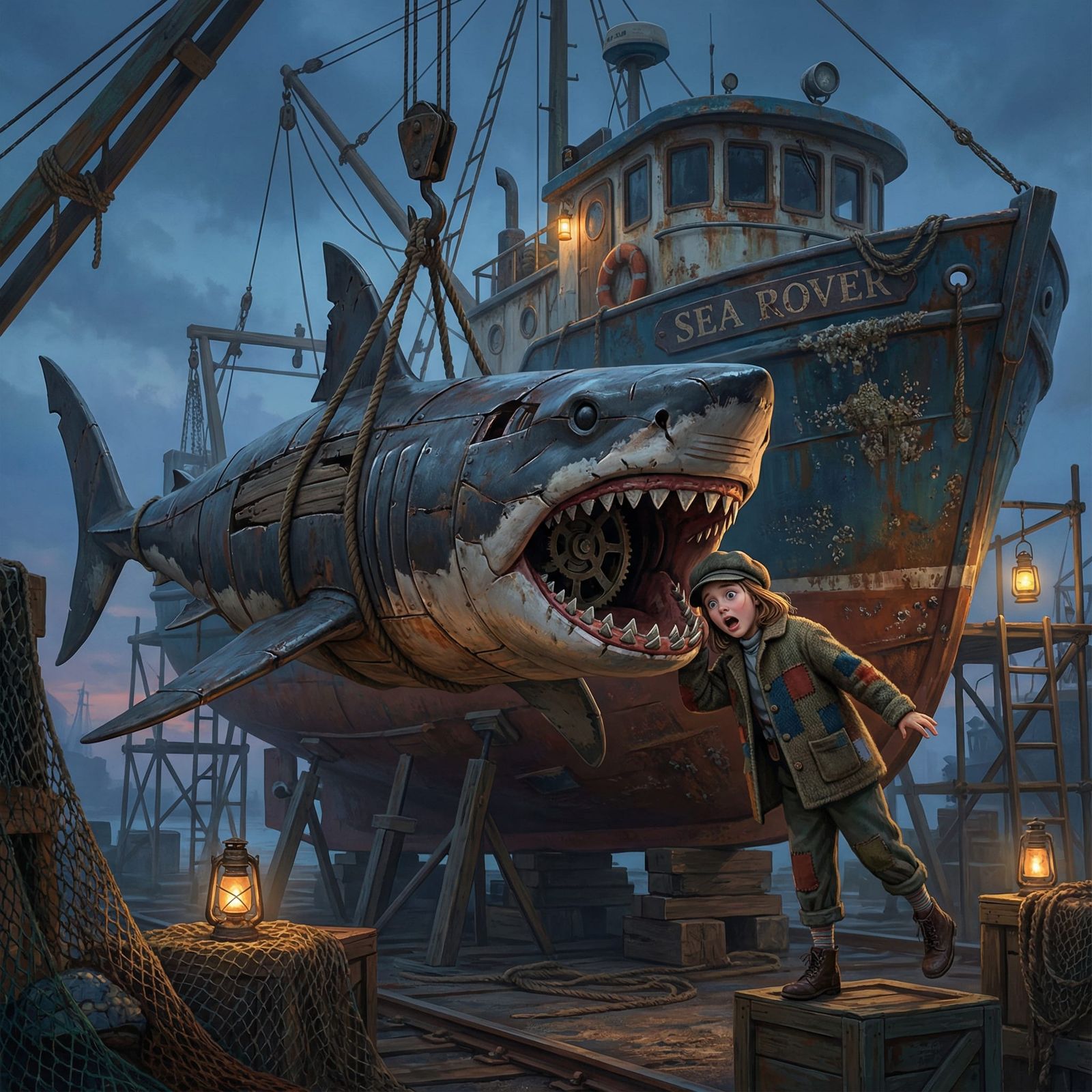 An artificial 8 foot shark, hanging by his tail. It's mouth is open wide. This shark is changing in front of a fishing b...