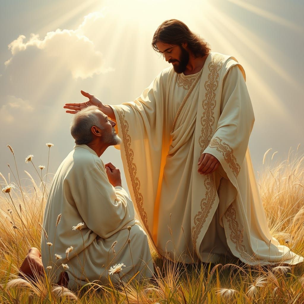 Jesus Christ Heals a Humble Leper in a Serene Landscape