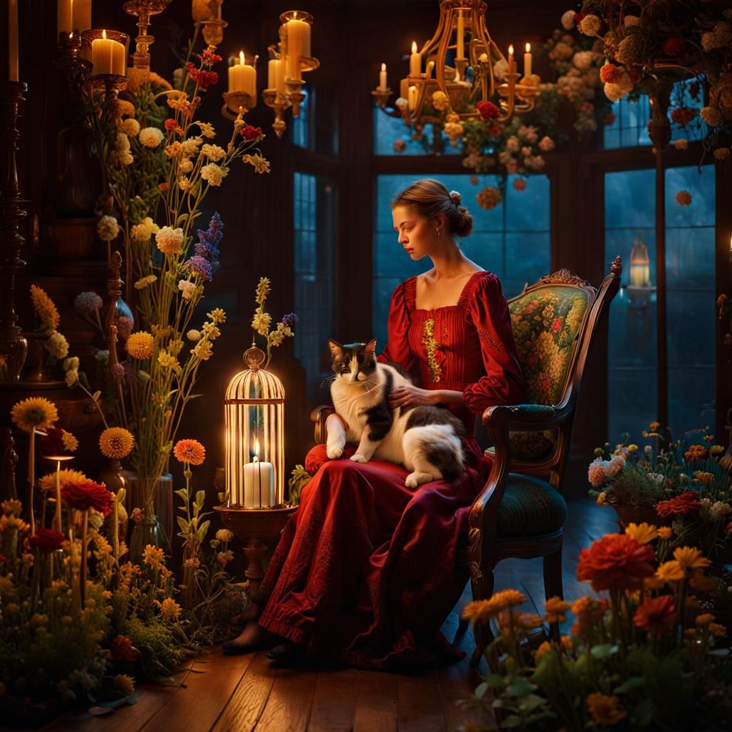 Model and Cat in Surreal Flower Chair, Candlelit Scene