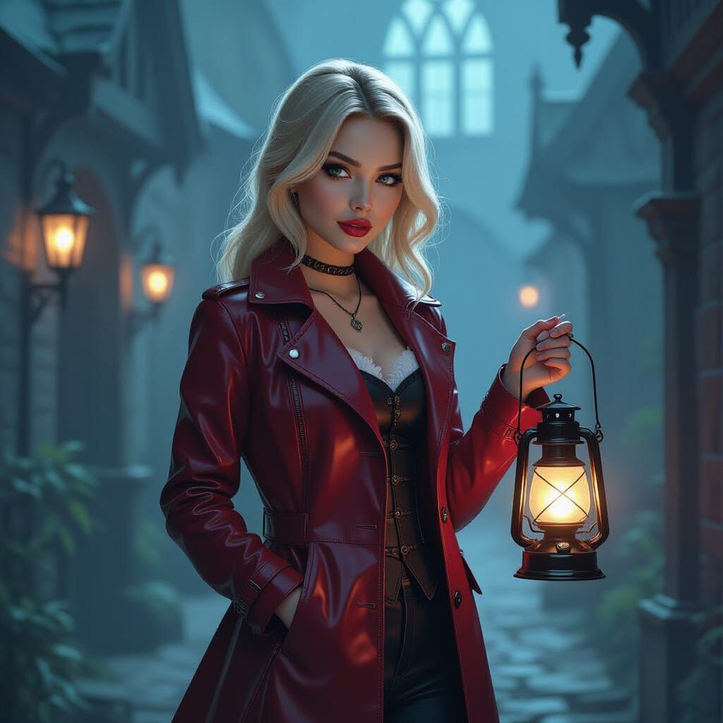 Victorian Woman in Burgundy PVC Jacket with Lantern