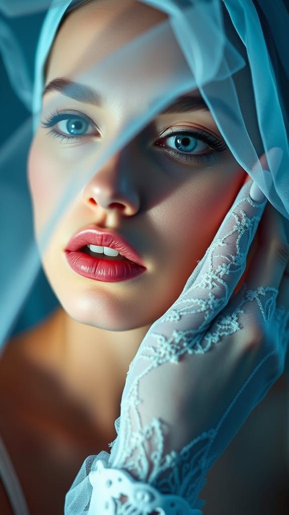 Woman in Dramatic White and Light Blue Fashion Portrait with...