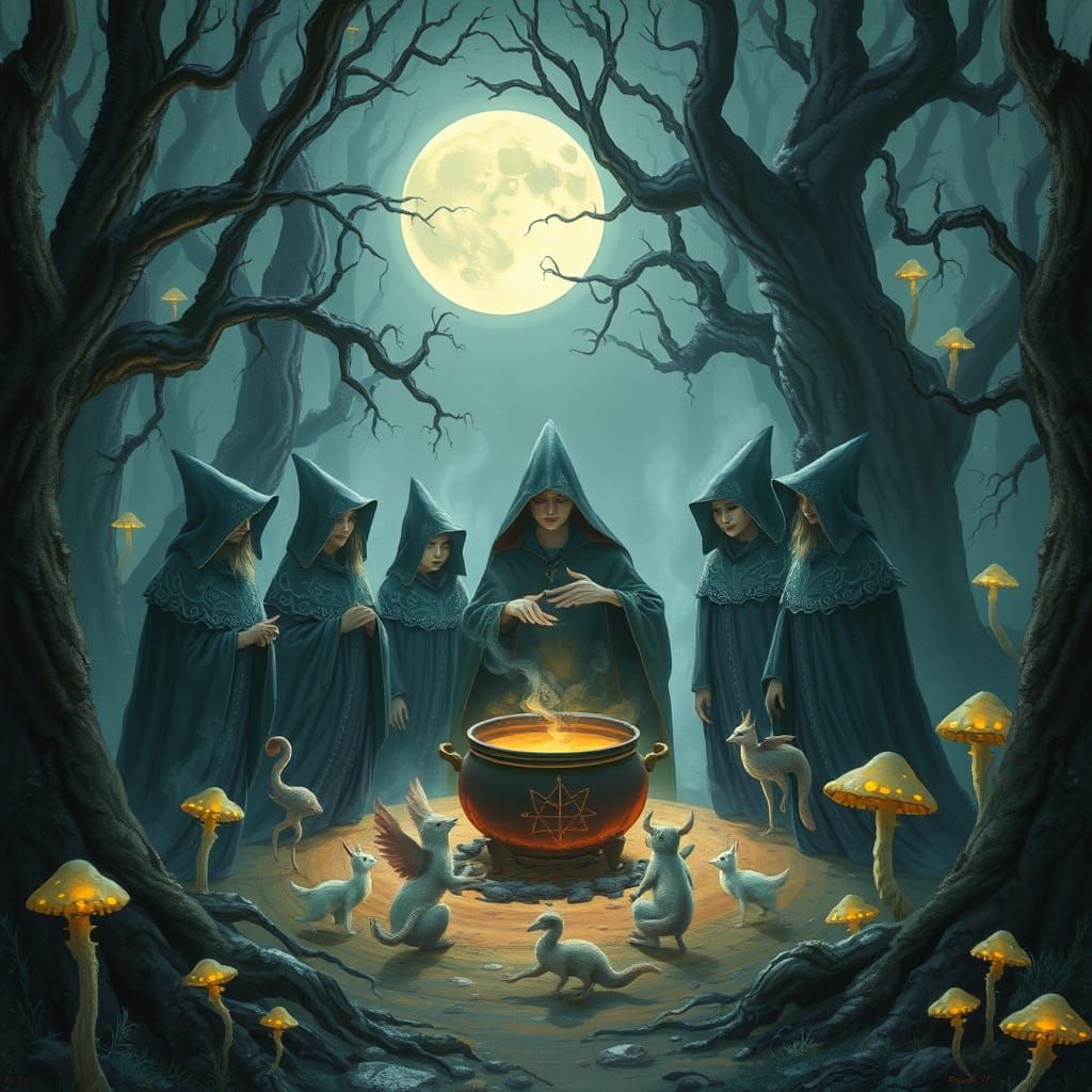 Witches Ritual in Moonlit Forest Clearing
