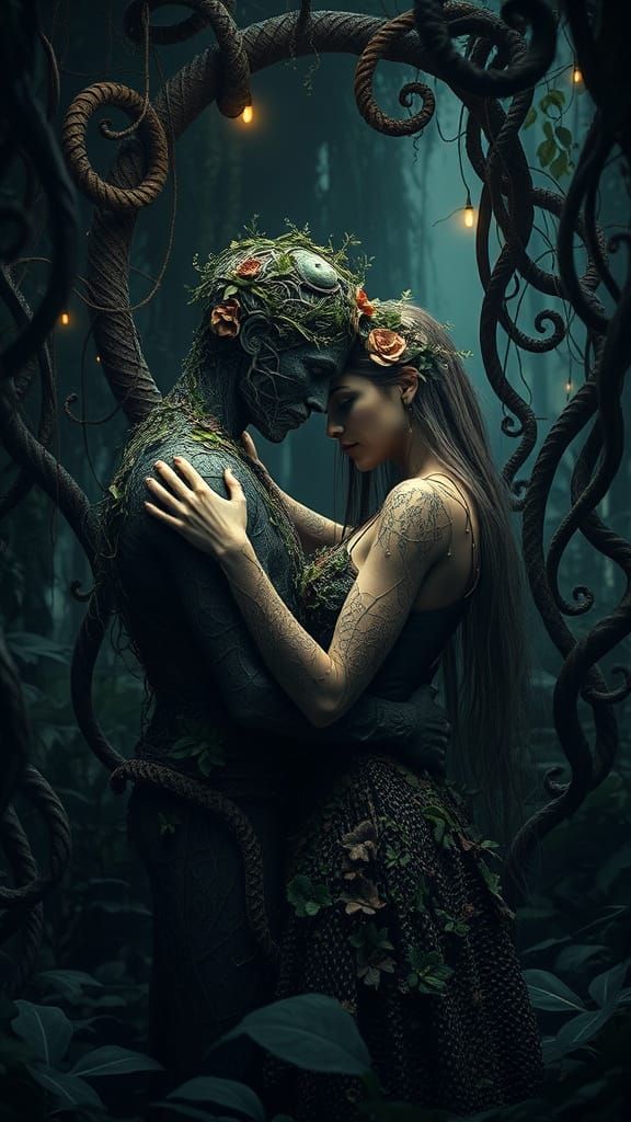 Ethereal Figures Embrace in Lush Jungle Scene