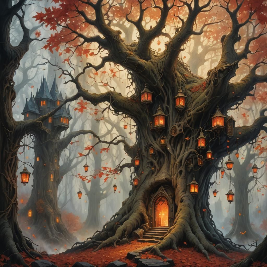 Mystical Tree with Glowing Doors in Fantasy Forest