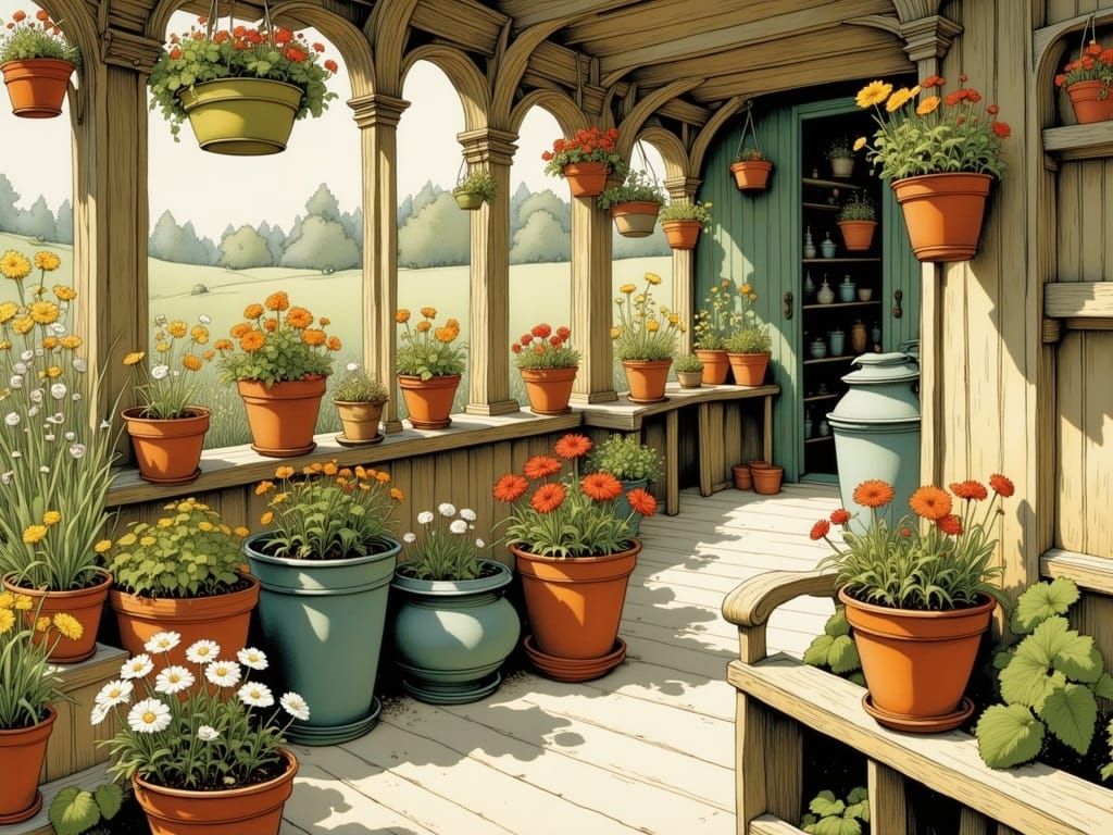 Blooming Garden Seating Area, Storybook Illustration