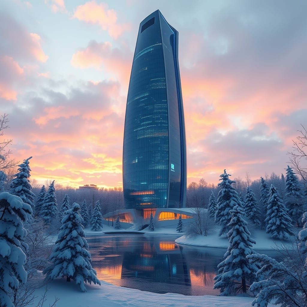 Sleek Futuristic Glass Skyscraper Dominates Winter Wonderlan...