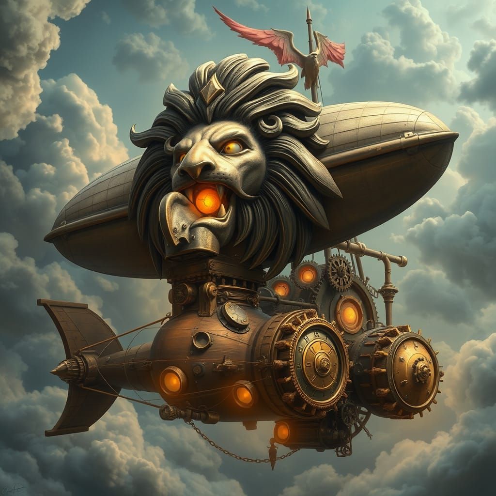 Steampunk Lion Airship Soaring Through Clockwork Sky
