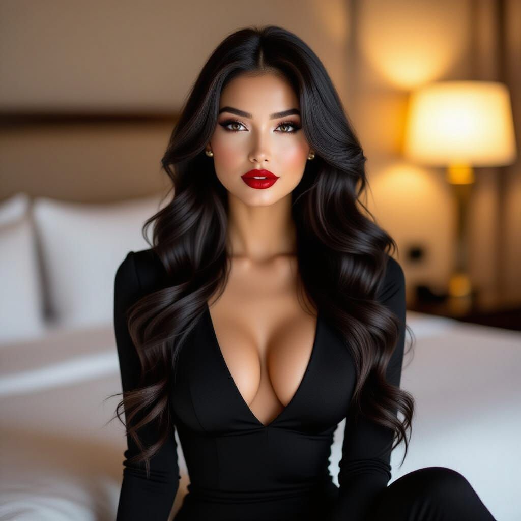 Glamorous Woman in Black Jumpsuit, Ruby Lips, Hotel Room