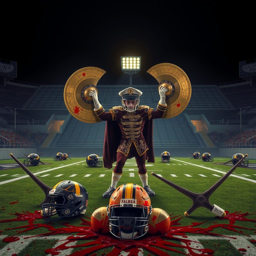 College band leader chopping football players heads off with...