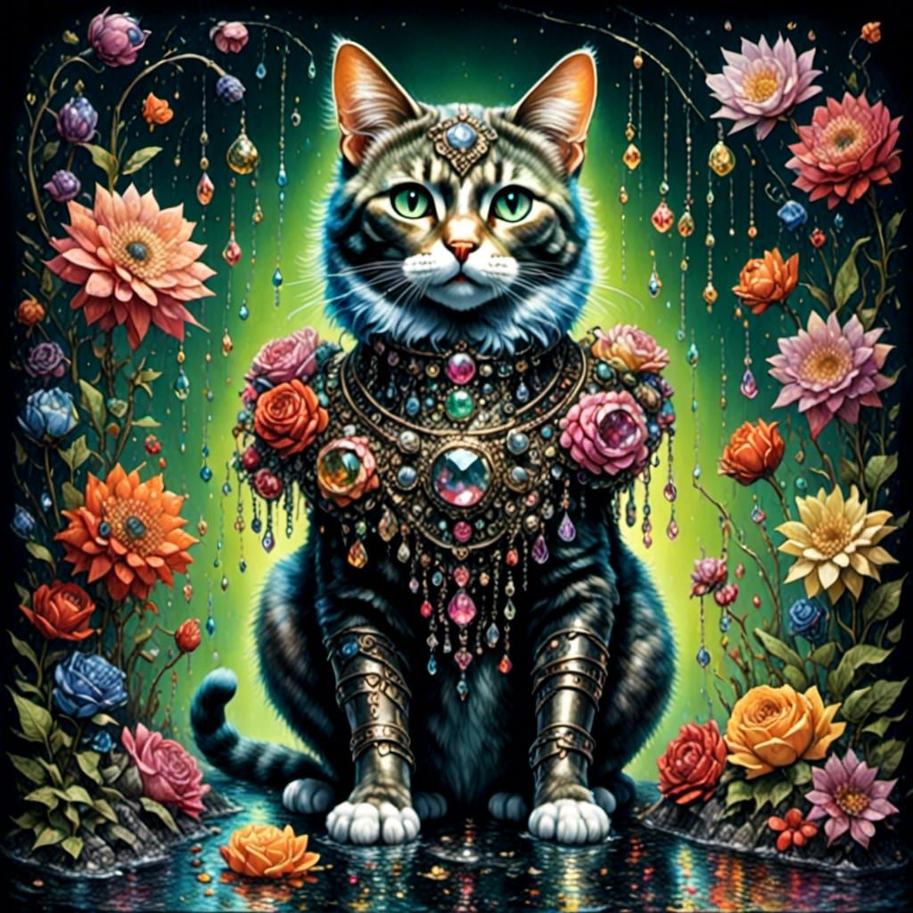 Cat in Jeweled Outfit with Floral Surroundings