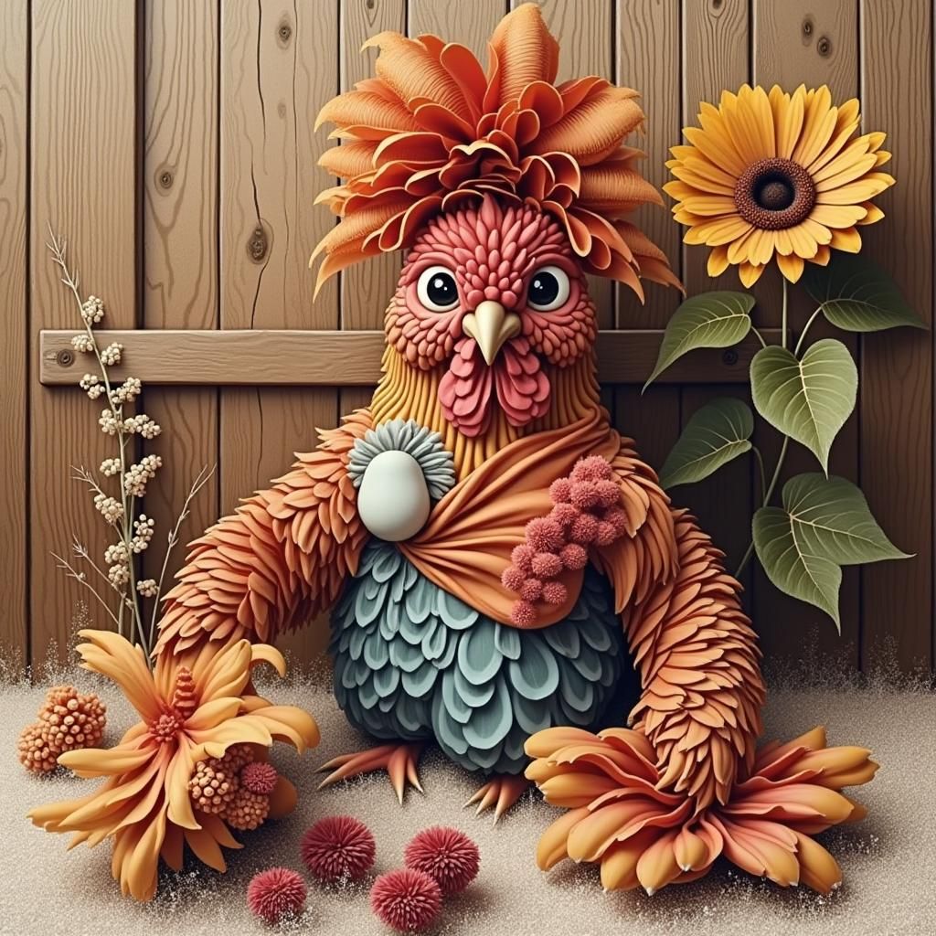 Rooster at Dawn in Surreal Folk Art Landscape