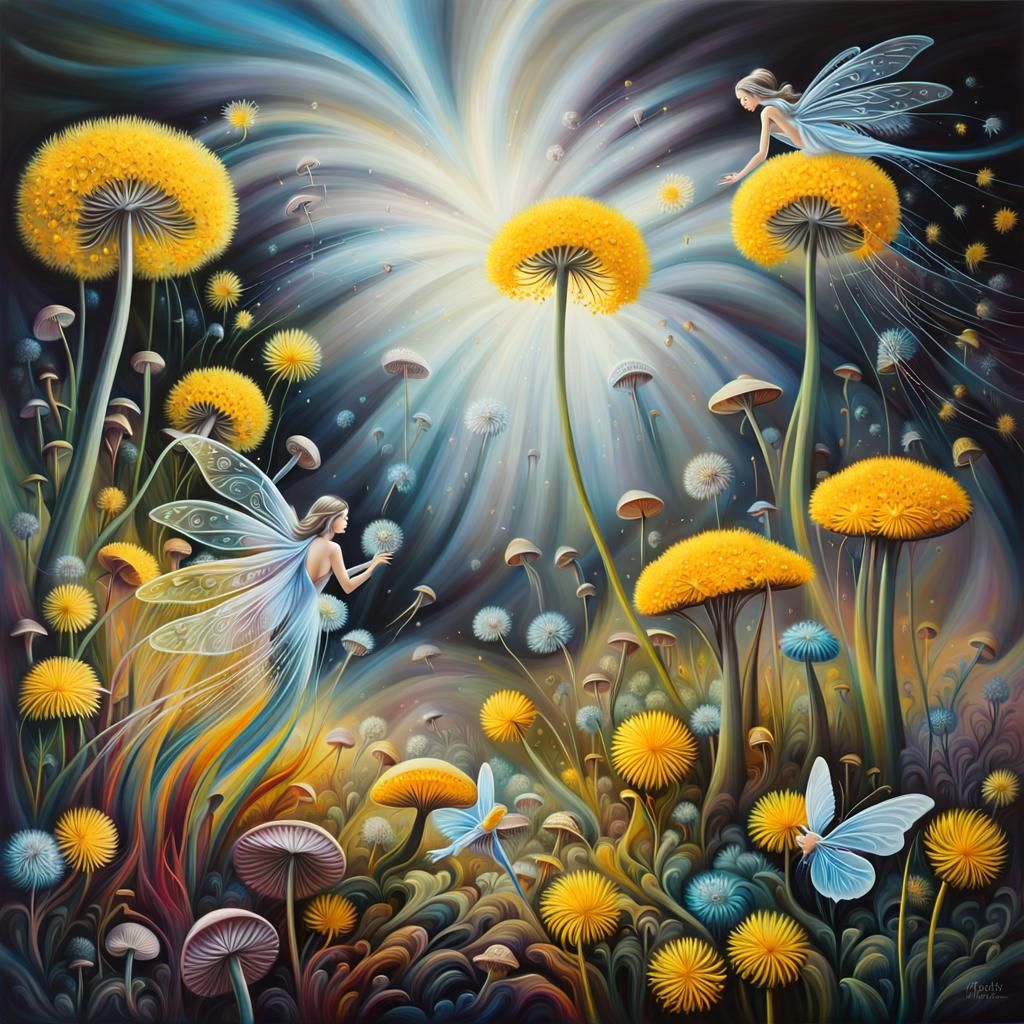 Fairies in Dandelion Dreamscape: Surreal Oil Painting