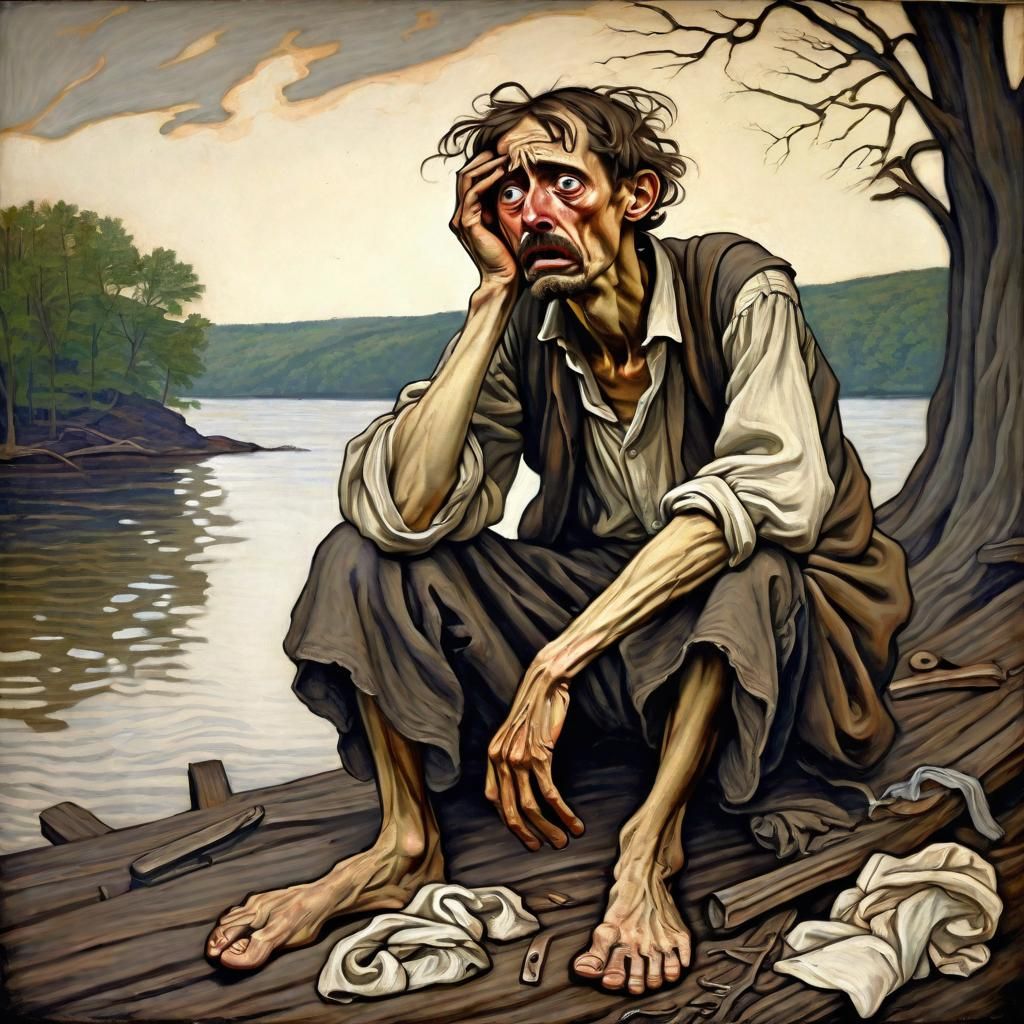 starving man in rags, desperate, sadness, panic, anxiety, academic art, art Nouveau, hudson river school style