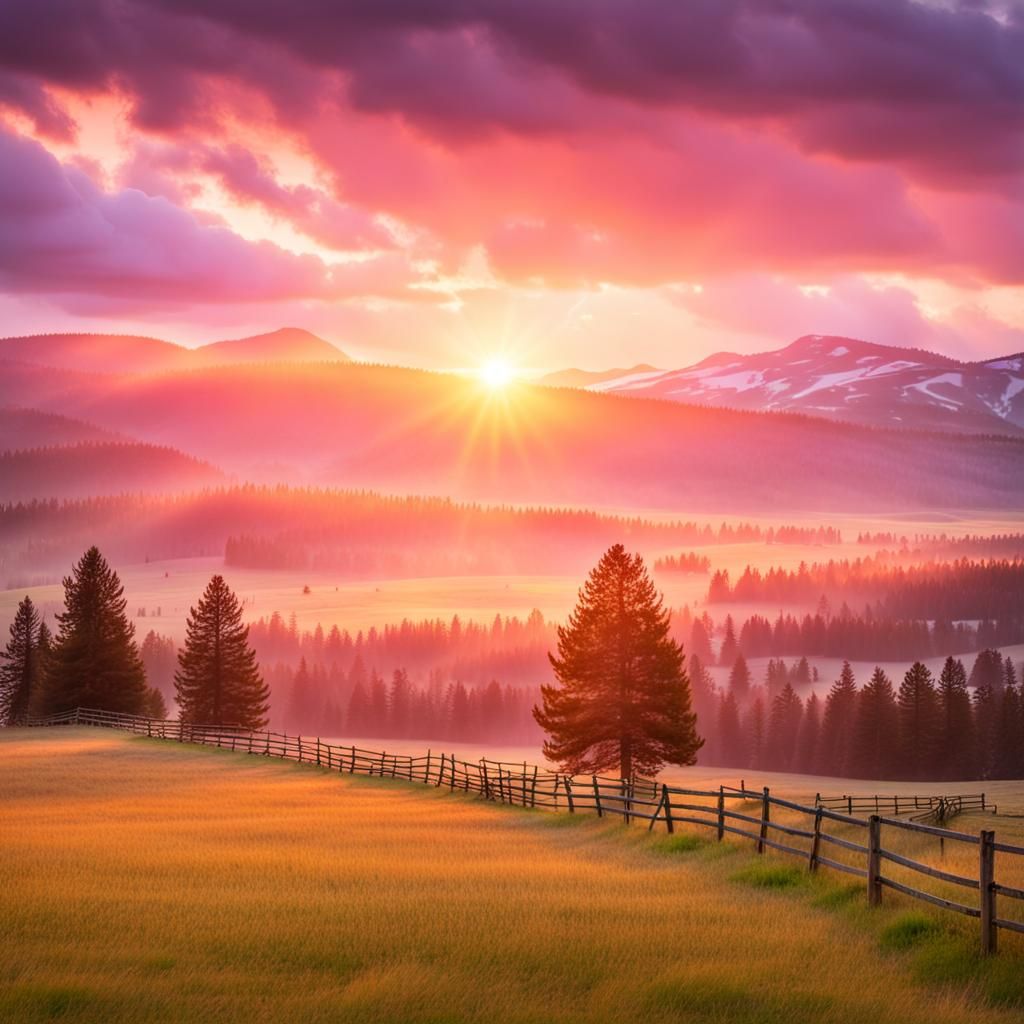 Mountains and Pasture at Sunrise