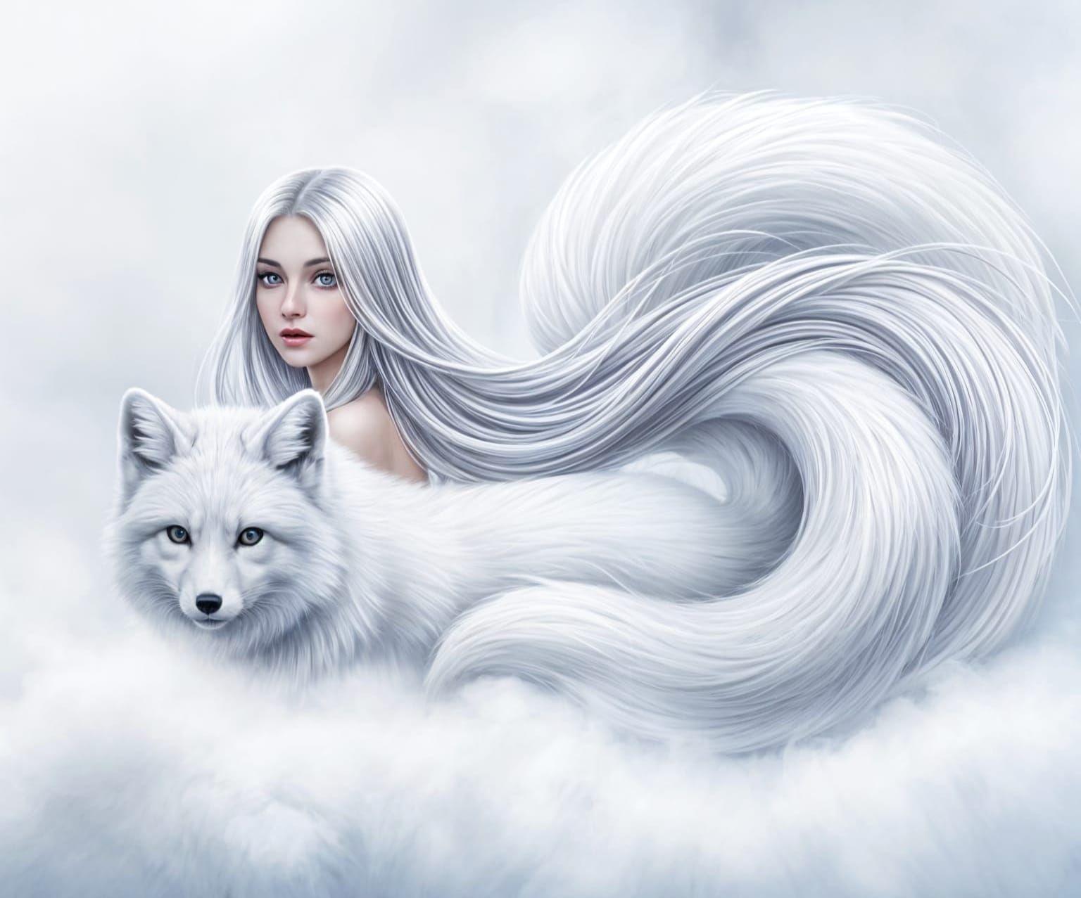 Ethereal Woman and Arctic Fox in Misty Landscape