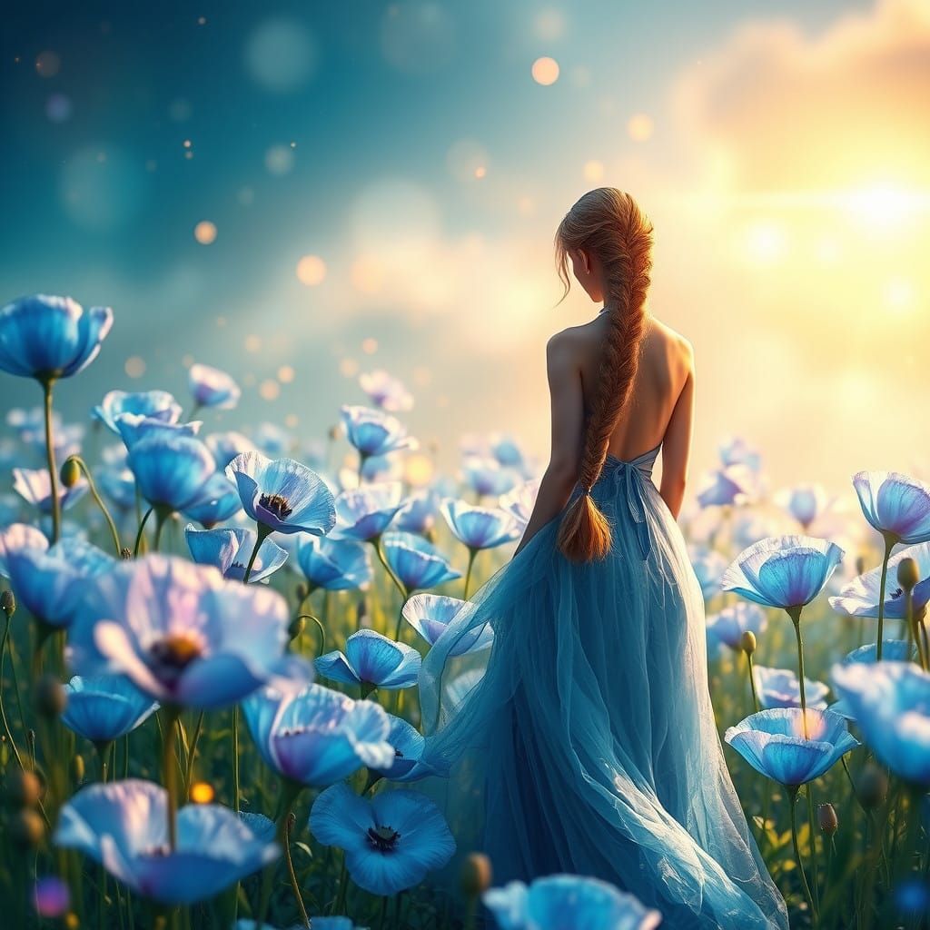 Ethereal Goddess Emerges in Dreamlike Blue Meadow