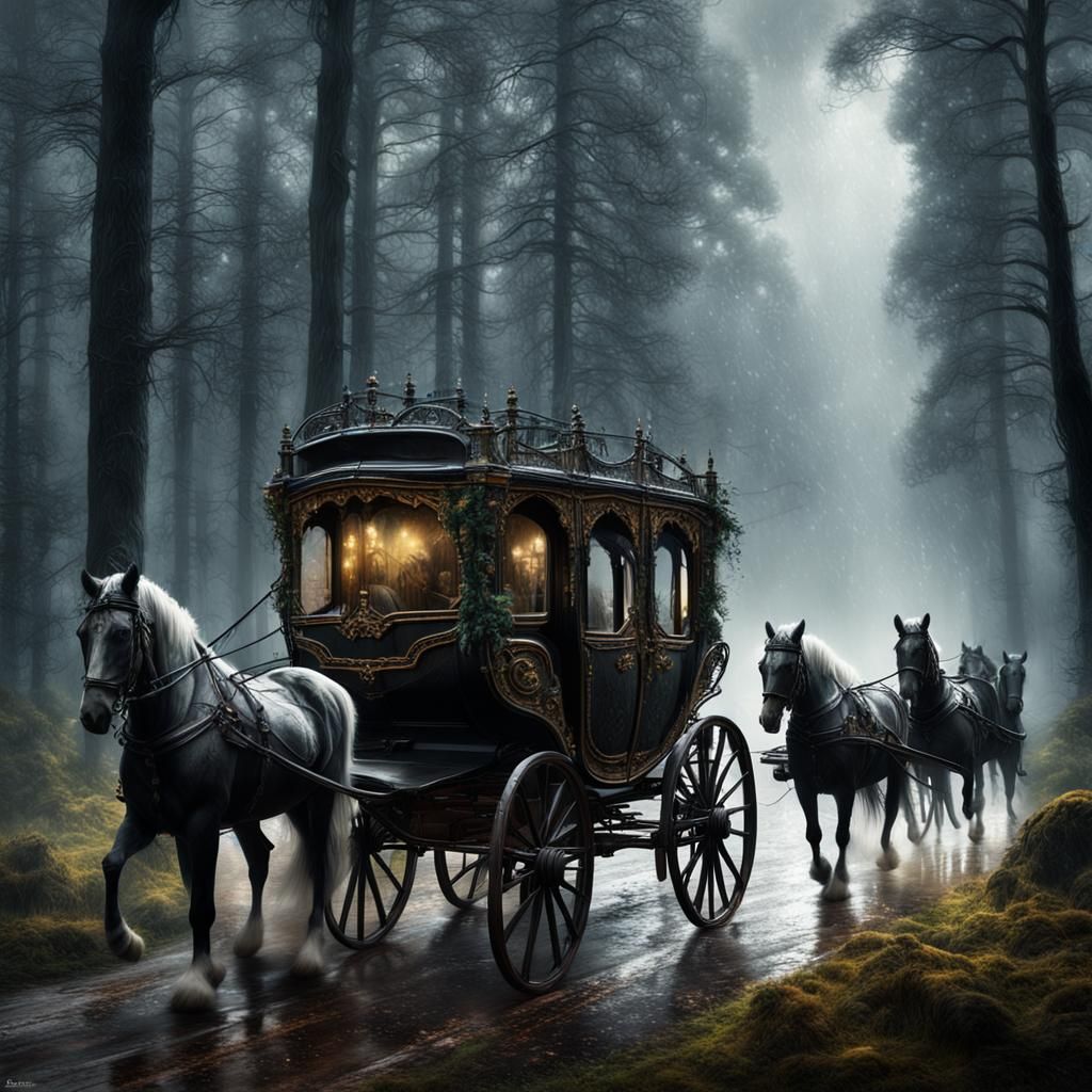 Gothic Carriage Through Rainy Forest
