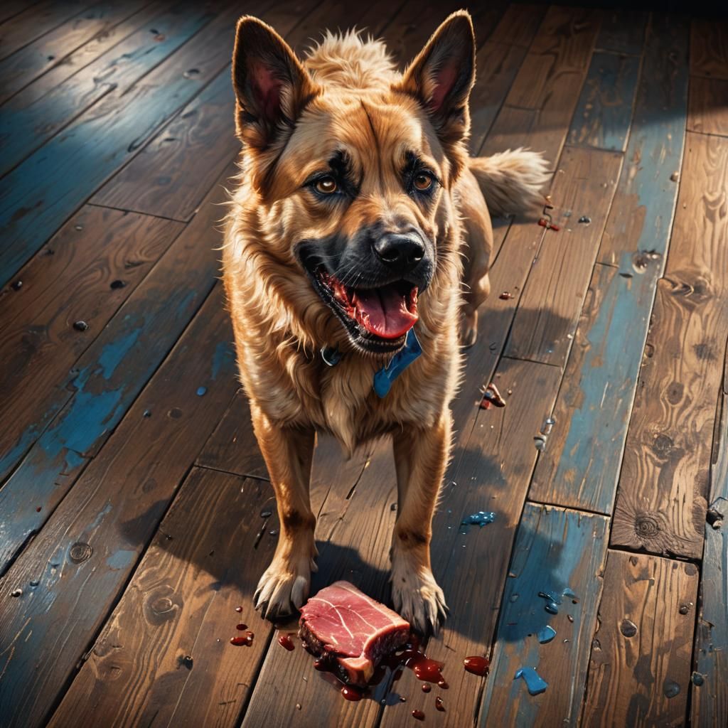 Hyperrealistic Dog Enjoying Raw Meat Feast