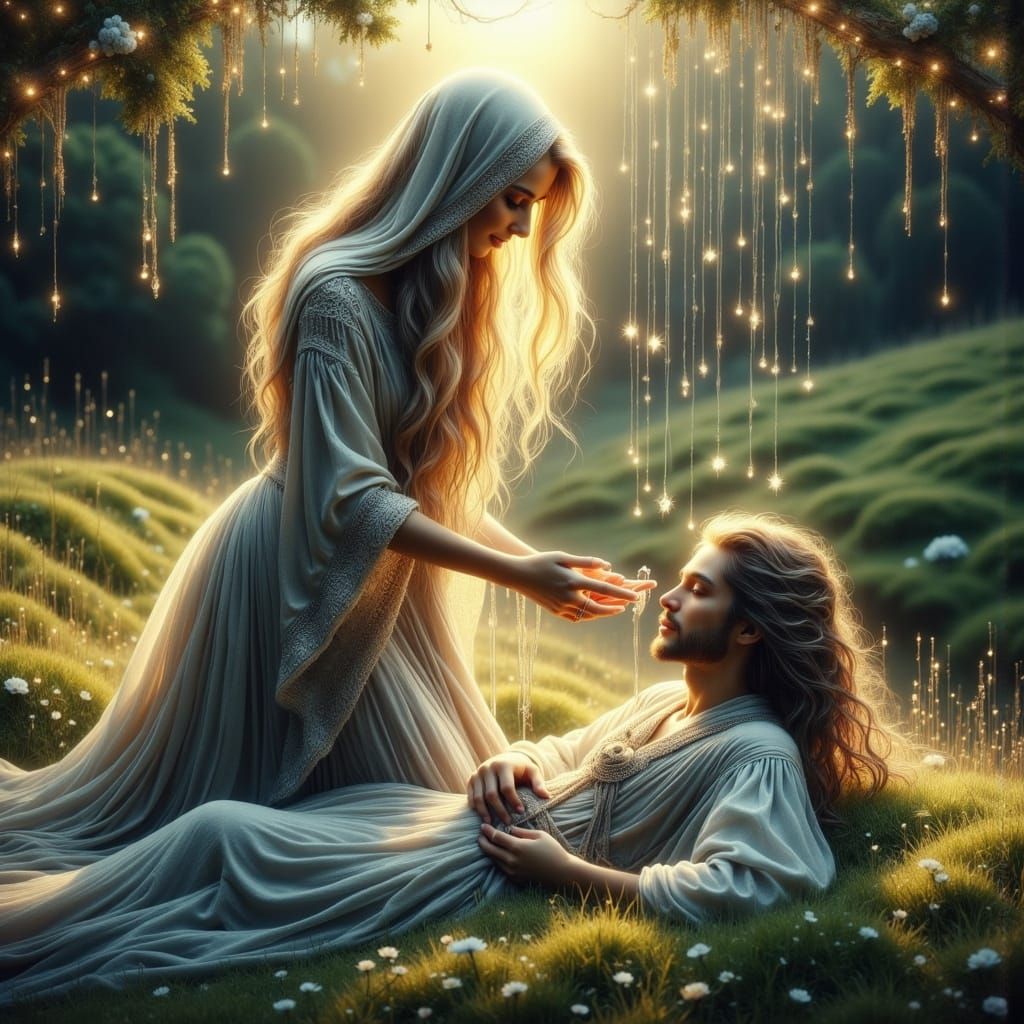 Ethereal Reiki Initiation Scene with Luminous Priestess