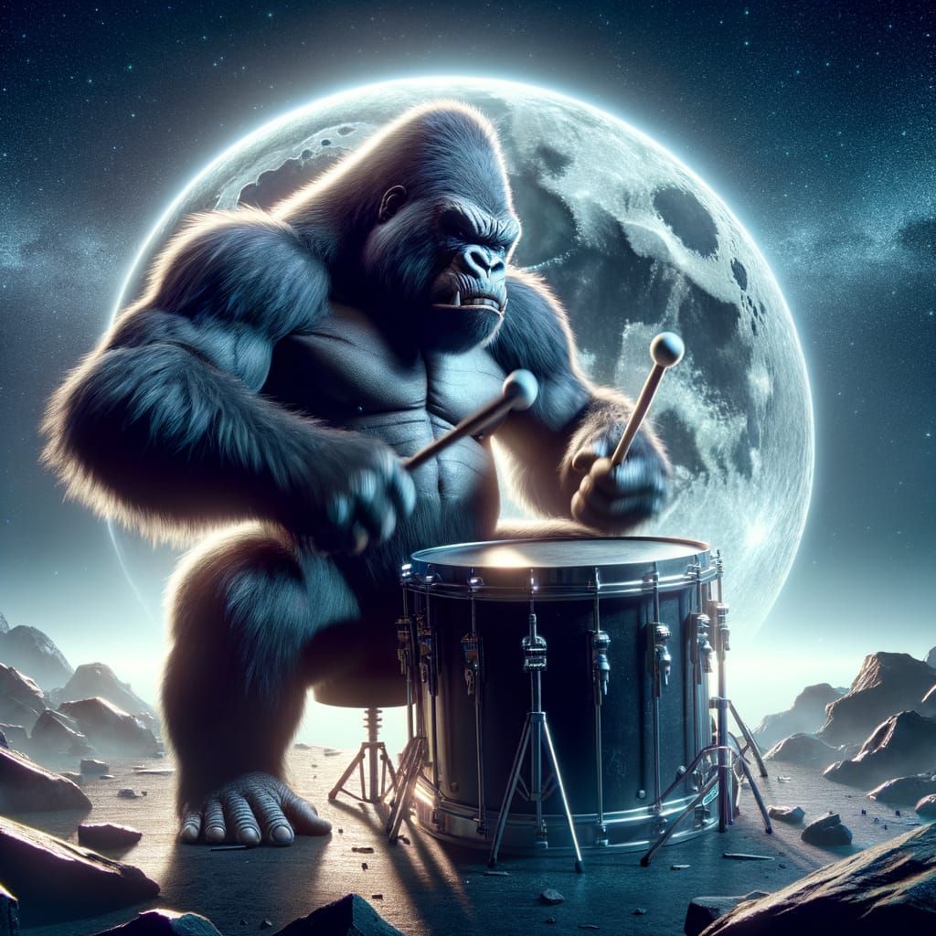 Gorilla Drumming to Heavy Metal Under a Full Moon