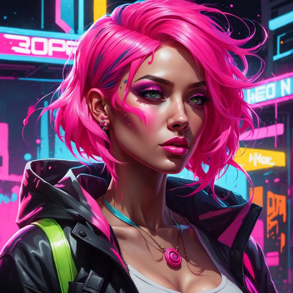 Neon Pink Haired Girl in Graffiti Splash Art