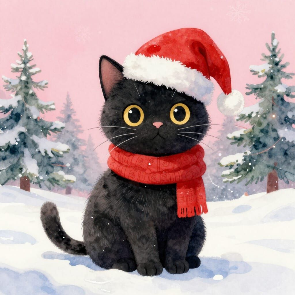 Black cat wearing santa hat