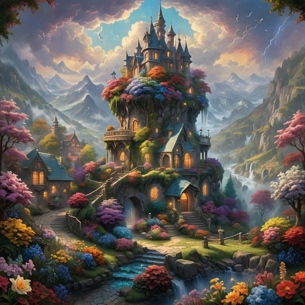 Ethereal Fantasy Flower Arrangement in Digital Matte Paintin...