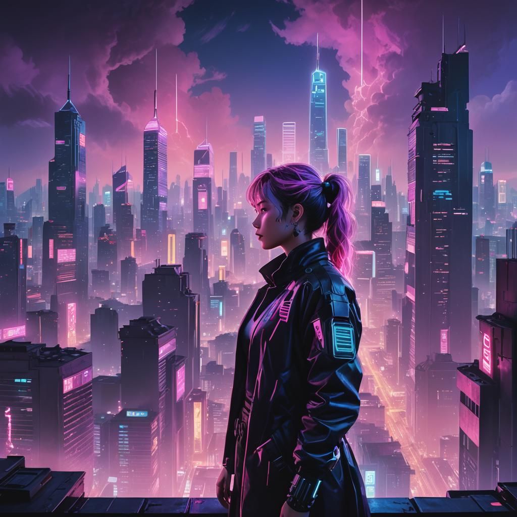 Cyberpunk Cityscape with Holographic Figure in Neon Light