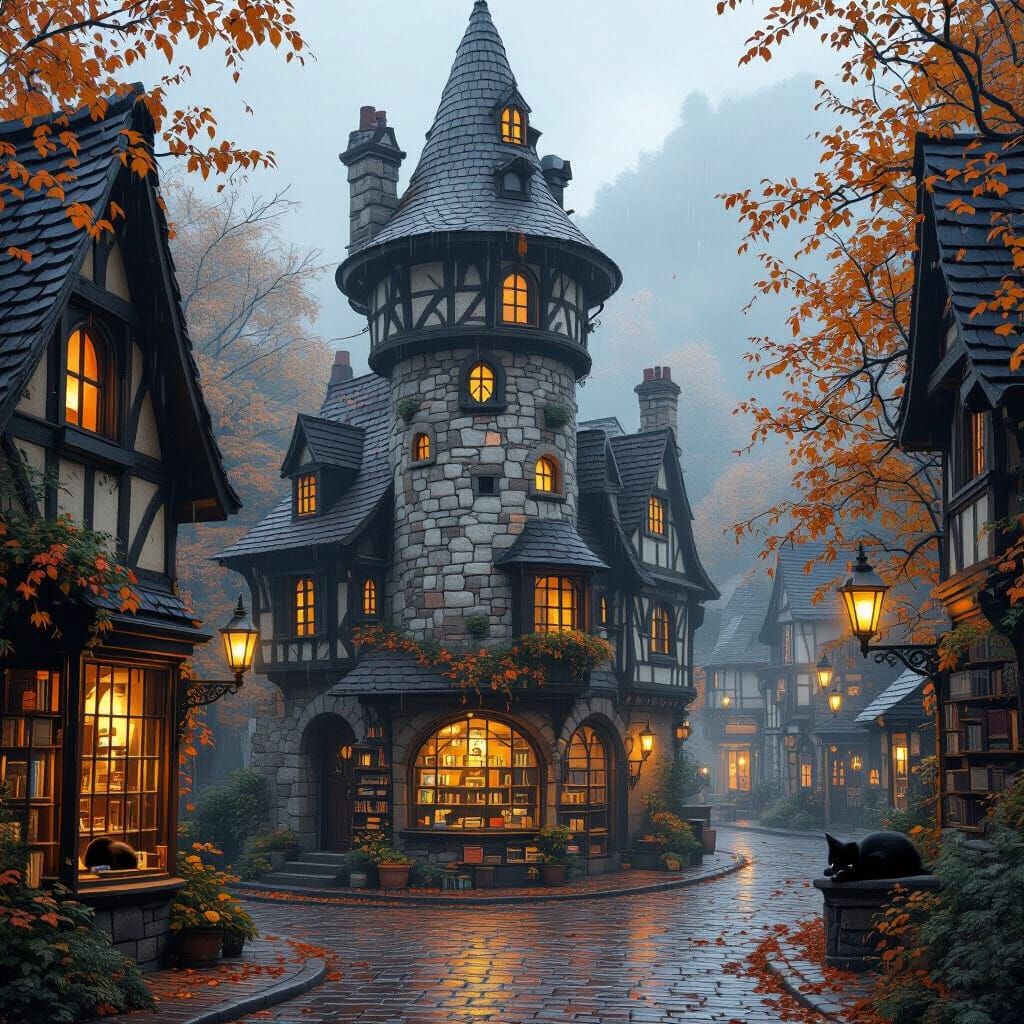 Wizard's Tower on Cozy Autumn Street with Sleeping Cat