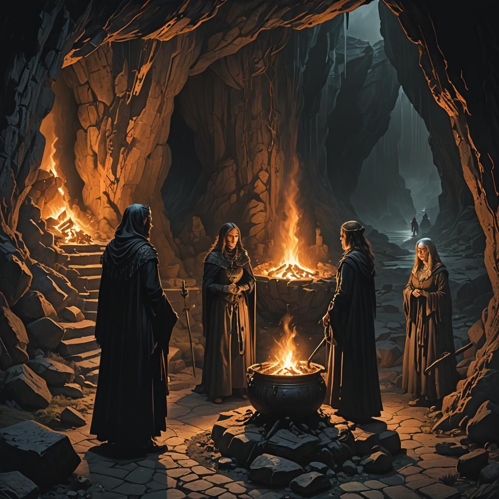 Macbeth and the Witches' Cauldron in Dark Fantasy Art